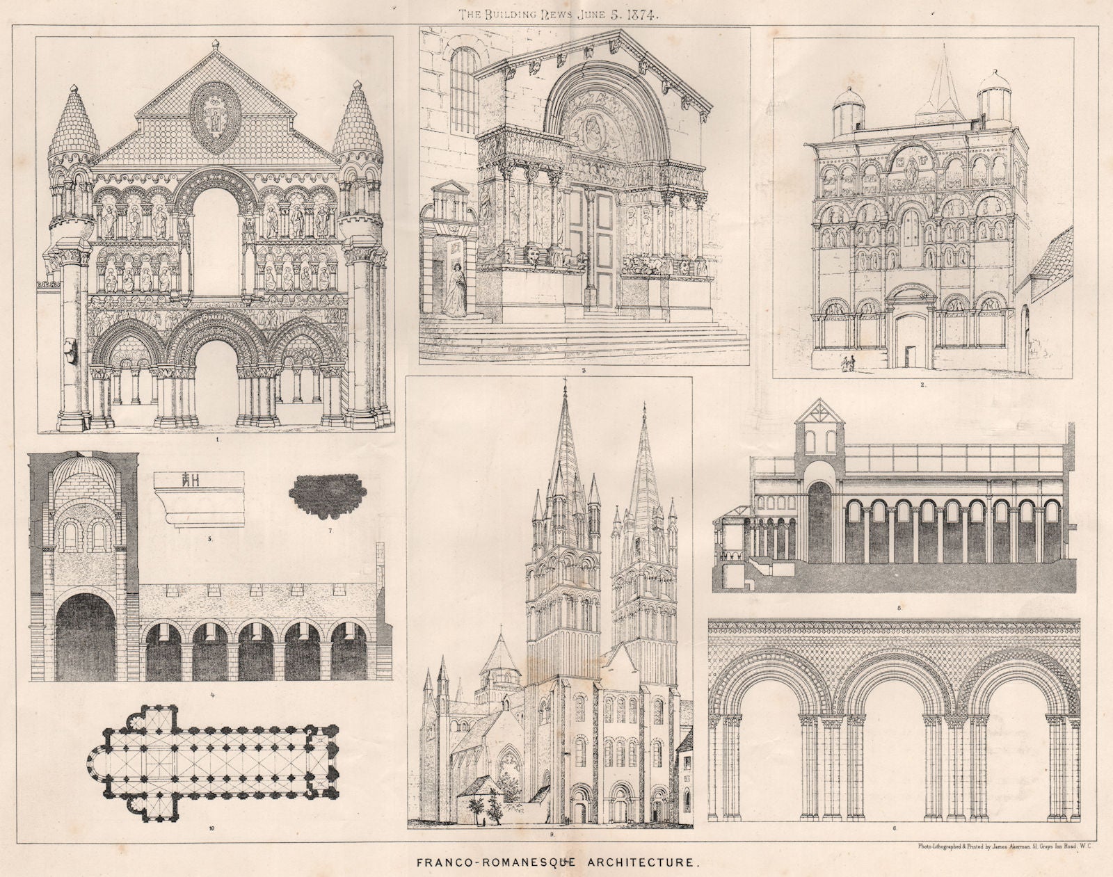 Franco-Romanesque architecture. Architecture 1874 old antique print picture